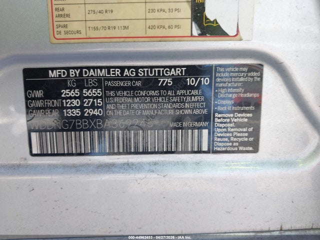 44962453 :رقم المزاد ، WDDNG7BBXBA369248 vin ، 2011 Mercedes-benz S 550 مزاد بيع