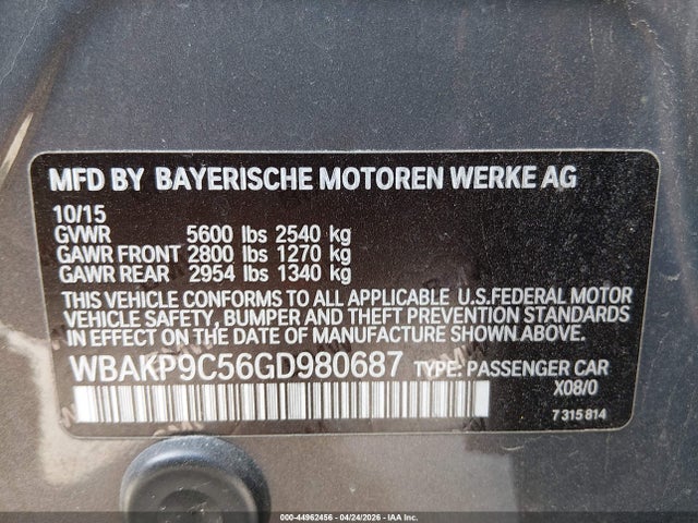 2016 Bmw 550i Xdrive მანქანა იყიდება აუქციონზე, vin: WBAKP9C56GD980687, აუქციონის ნომერი: 44962456