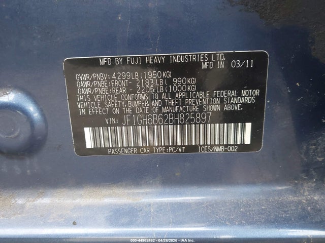 44962462 :رقم المزاد ، JF1GH6B62BH825897 vin ، 2011 Subaru Impreza 2.5i Premium مزاد بيع