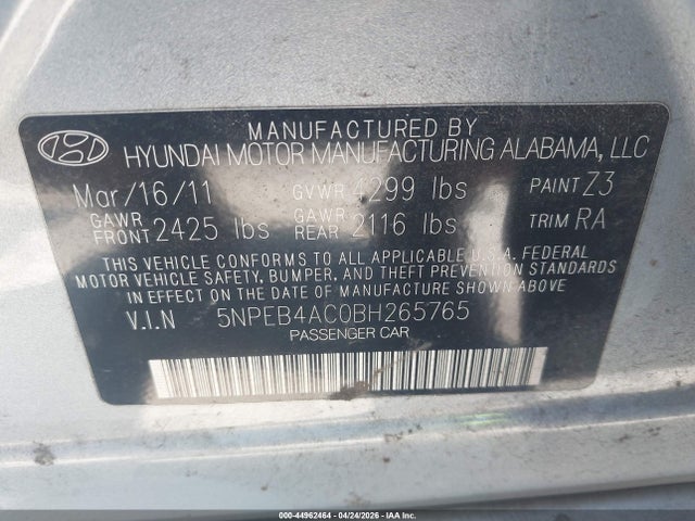 Aukcja sprzedaży 2011 Hyundai Sonata Gls, vin: 5NPEB4AC0BH265765, numer aukcji: 44962464