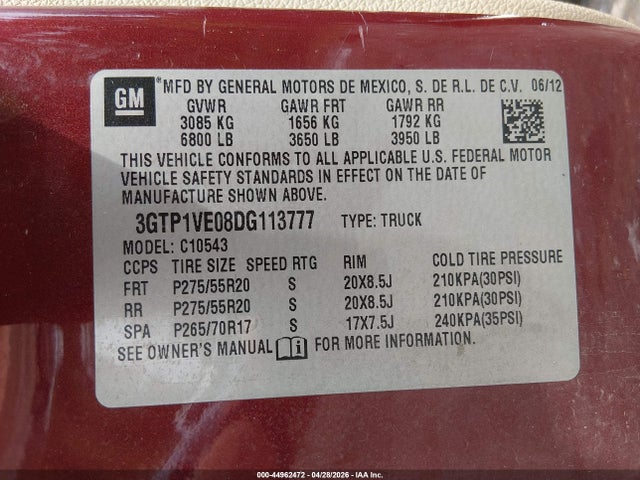 2013 Gmc Sierra 1500 Sle მანქანა იყიდება აუქციონზე, vin: 3GTP1VE08DG113777, აუქციონის ნომერი: 44962472