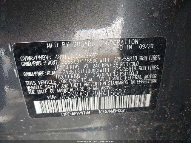 Продаж на аукціоні авто 2021 Subaru Forester Limited, vin: JF2SKASC2MH416687, номер лоту: 44962485