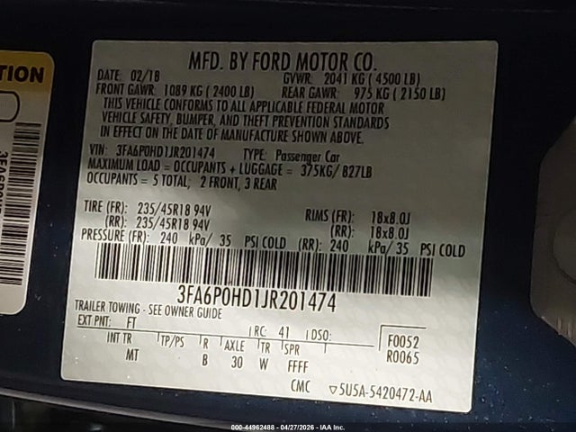 Продаж на аукціоні авто 2018 Ford Fusion Se, vin: 3FA6P0HD1JR201474, номер лоту: 44962488