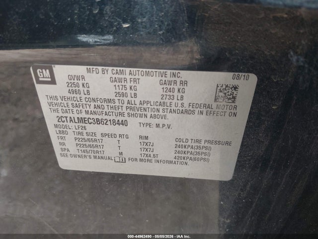 44962490 :رقم المزاد ، 2CTALMEC3B6218440 vin ، 2011 Gmc Terrain Sle-1 مزاد بيع
