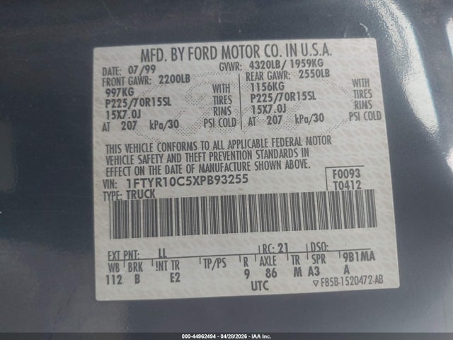 Продажа на аукционе авто 1999 Ford Ranger Xl/xlt, vin: 1FTYR10C5XPB93255, номер лота: 44962494