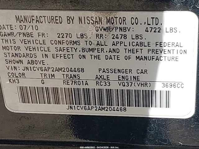 Продаж на аукціоні авто 2010 Infiniti G37 Journey, vin: JN1CV6AP2AM204468, номер лоту: 44962502