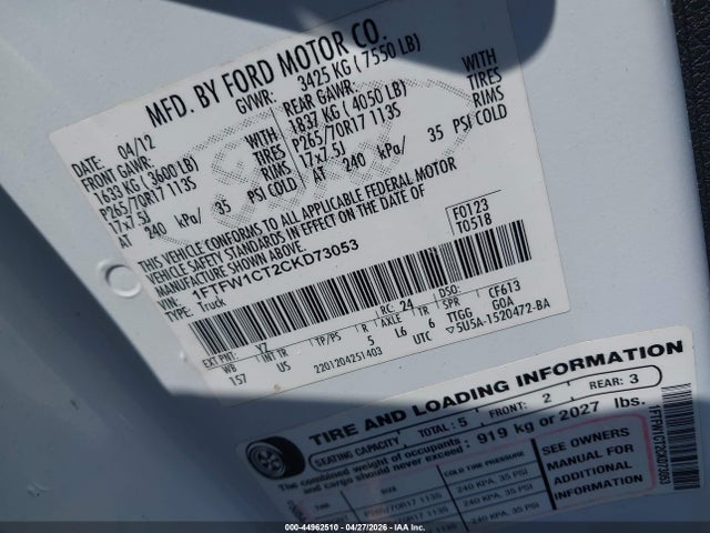 2012 Ford F-150 Xlt მანქანა იყიდება აუქციონზე, vin: 1FTFW1CT2CKD73053, აუქციონის ნომერი: 44962510