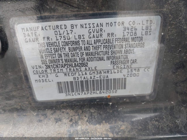 Продажа на аукционе авто 2017 Nissan Versa 1.6 S+, vin: 3N1CN7AP2HL842052, номер лота: 44962524