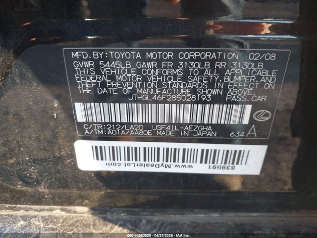 Aukcja sprzedaży 2008 Lexus Ls 460 L, vin: JTHGL46F285028193, numer aukcji: 44962528
