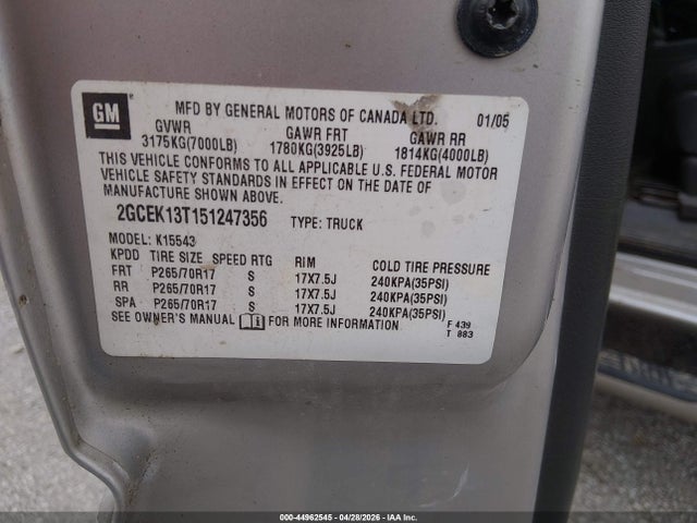 Продаж на аукціоні авто 2005 Chevrolet Silverado 1500 Lt, vin: 2GCEK13T151247356, номер лоту: 44962545