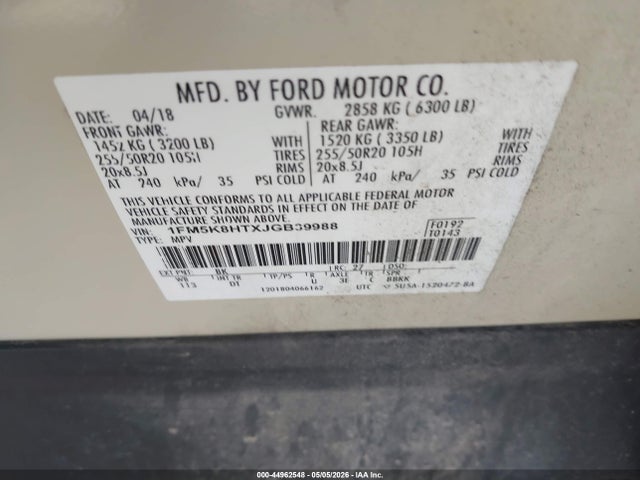 2018 Ford Explorer Platinum მანქანა იყიდება აუქციონზე, vin: 1FM5K8HTXJGB39988, აუქციონის ნომერი: 44962548