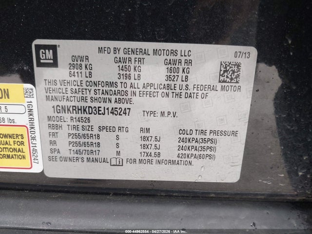 44962554 :رقم المزاد ، 1GNKRHKD3EJ145247 vin ، 2014 Chevrolet Traverse 2lt مزاد بيع