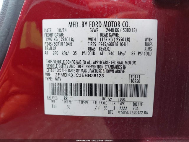 2014 Ford Edge Sel მანქანა იყიდება აუქციონზე, vin: 2FMDK3JC3EBB38123, აუქციონის ნომერი: 44962558