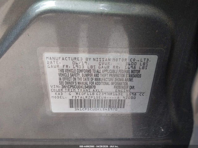 Продаж на аукціоні авто 2019 Nissan Kicks S, vin: 3N1CP5CU0KL545970, номер лоту: 44962560