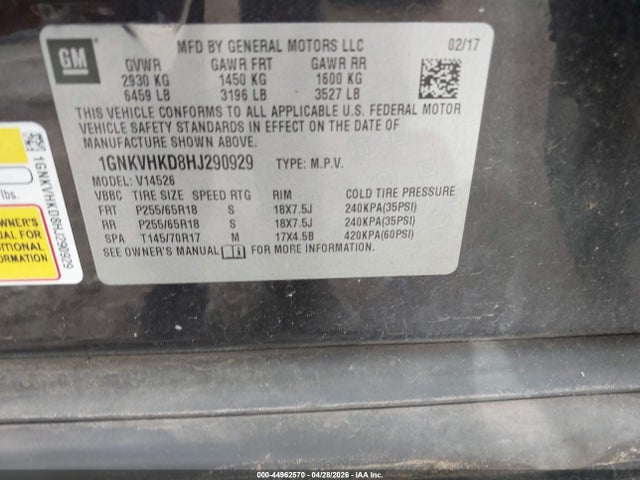1GNKVHKD8HJ290929 Chevrolet Traverse 2lt