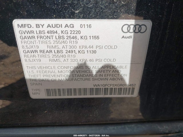 Aukcja sprzedaży 2016 Audi Q3 2.0t Premium Plus, vin: WA1GFCFSXGR015452, numer aukcji: 44962571