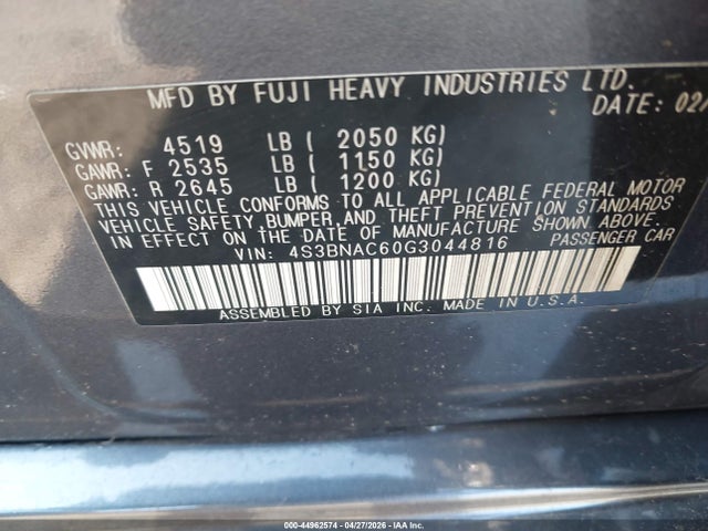 44962574 :رقم المزاد ، 4S3BNAC60G3044816 vin ، 2016 Subaru Legacy 2.5i Premium مزاد بيع