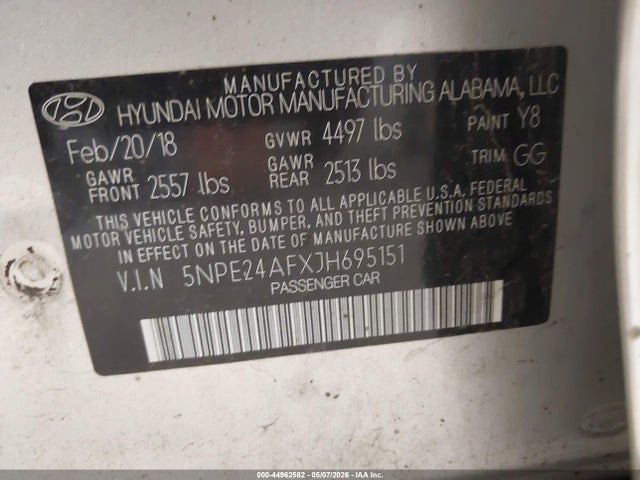 Aukcja sprzedaży 2018 Hyundai Sonata Se, vin: 5NPE24AFXJH695151, numer aukcji: 44962582
