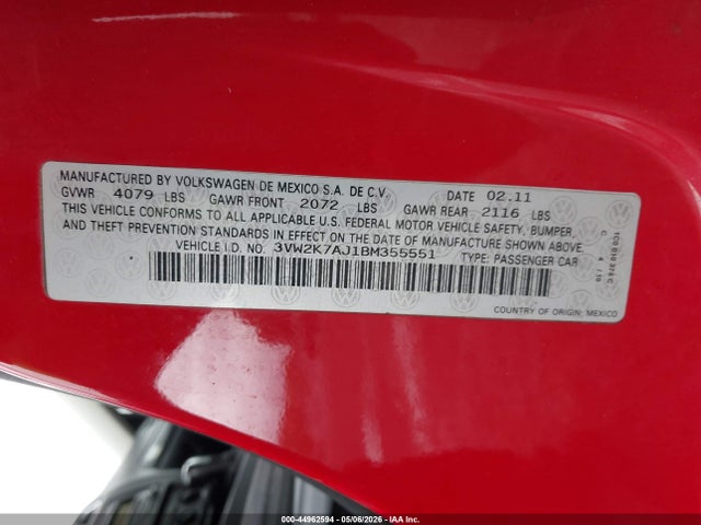 44962594 :رقم المزاد ، 3VW2K7AJ1BM355551 vin ، 2011 Volkswagen Jetta 2.0l S مزاد بيع