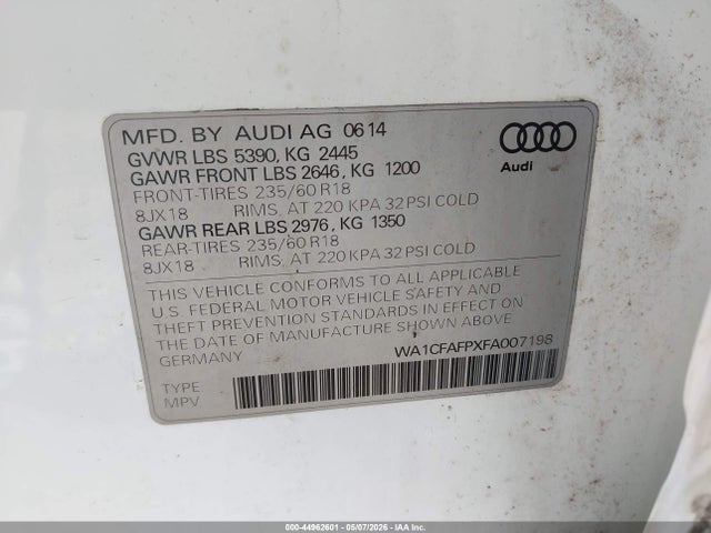 Продажа на аукционе авто 2015 Audi Q5 2.0t Premium, vin: WA1CFAFPXFA007198, номер лота: 44962601