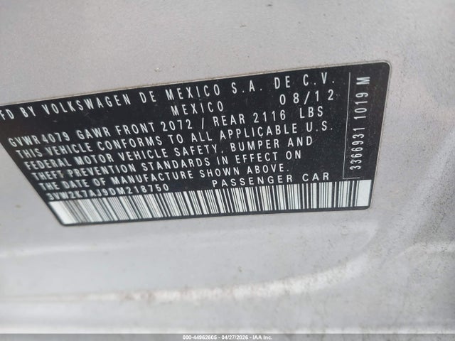 Продаж на аукціоні авто 2013 Volkswagen Jetta 2.0l S, vin: 3VW2K7AJ9DM218750, номер лоту: 44962605