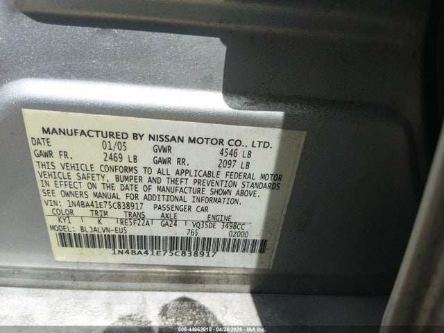 Aukcja sprzedaży 2005 Nissan Maxima 3.5 Sl, vin: 1N4BA41E75C838917, numer aukcji: 44962610
