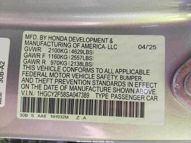 44962620 :رقم المزاد ، 1HGCY2F58SA047389 vin ، 2025 Honda Accord Hybrid Sport مزاد بيع