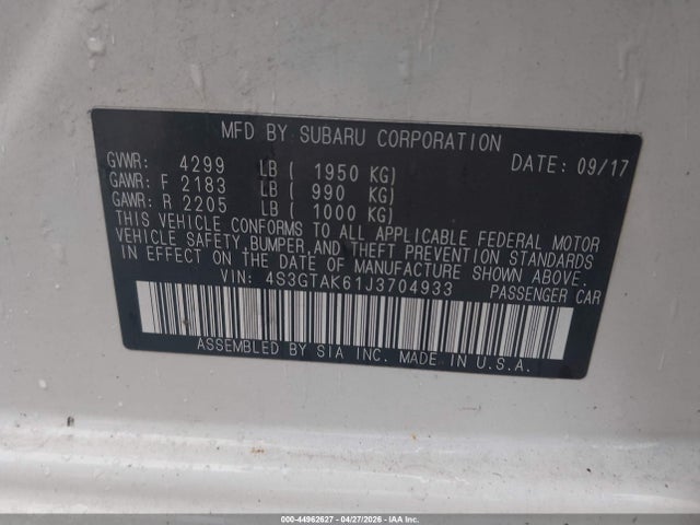 44962627 :رقم المزاد ، 4S3GTAK61J3704933 vin ، 2018 Subaru Impreza 2.0i Sport مزاد بيع