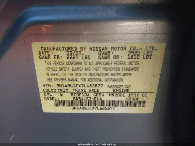 Продажа на аукционе авто 2007 Nissan Sentra 2.0s, vin: 3N1AB61EX7L685877, номер лота: 44962632