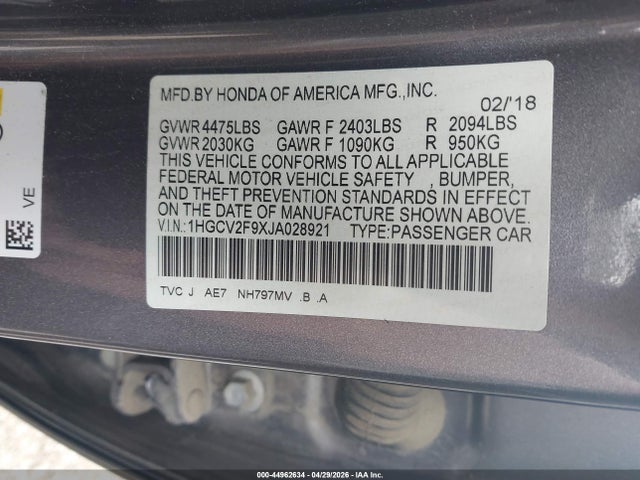 Auction sale of the 2018 Honda Accord Touring 2.0t, vin: 1HGCV2F9XJA028921, lot number: 44962634