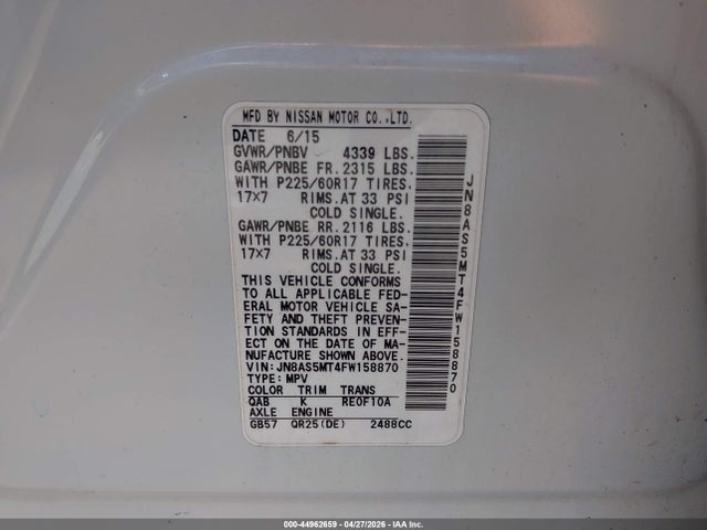 JN8AS5MT4FW158870 Nissan Rogue Select S