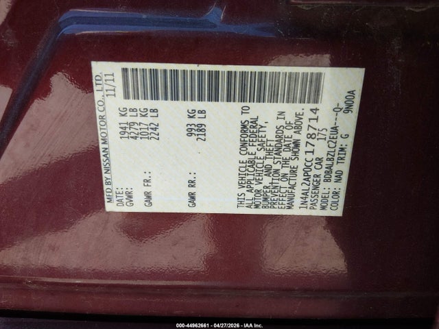 2012 Nissan Altima 2.5 S მანქანა იყიდება აუქციონზე, vin: 1N4AL2AP0CC178714, აუქციონის ნომერი: 44962661