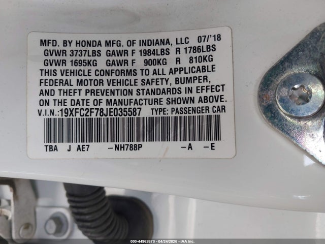 Aukcja sprzedaży 2018 Honda Civic Ex, vin: 19XFC2F78JE035587, numer aukcji: 44962670