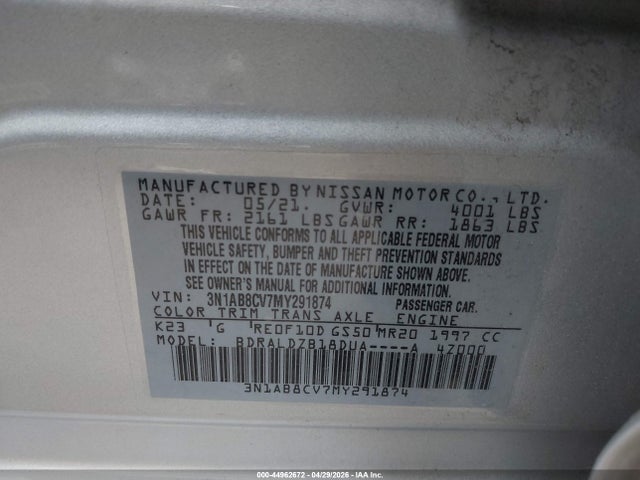 Aukcja sprzedaży 2021 Nissan Sentra Sv Xtronic Cvt, vin: 3N1AB8CV7MY291874, numer aukcji: 44962672