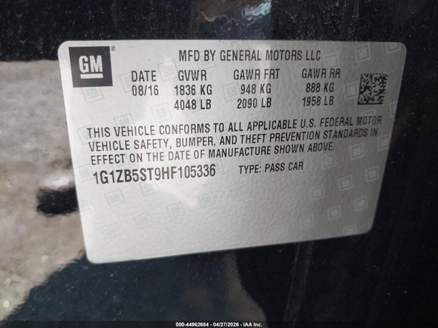 2017 Chevrolet Malibu Ls მანქანა იყიდება აუქციონზე, vin: 1G1ZB5ST9HF105336, აუქციონის ნომერი: 44962684