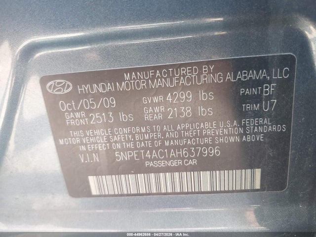 Aukcja sprzedaży 2010 Hyundai Sonata Gls, vin: 5NPET4AC1AH637996, numer aukcji: 44962686