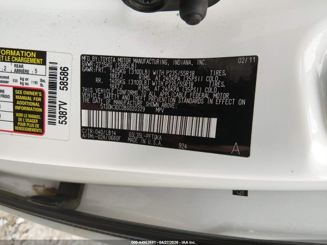 44962691 :رقم المزاد ، 5TDDK3DC0BS020329 vin ، 2011 Toyota Sienna Xle مزاد بيع
