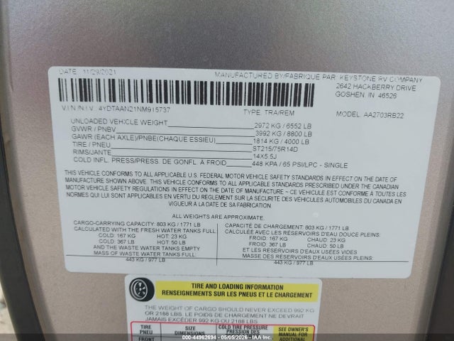 2022 Keystone Astoria M-2703rb მანქანა იყიდება აუქციონზე, vin: 4YDTAAN21NM915737, აუქციონის ნომერი: 44962694