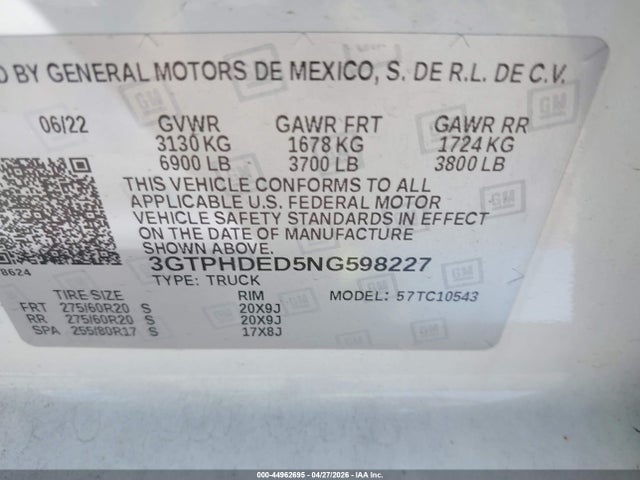 2022 Gmc Sierra 1500 2wd  Short Box Slt მანქანა იყიდება აუქციონზე, vin: 3GTPHDED5NG598227, აუქციონის ნომერი: 44962695