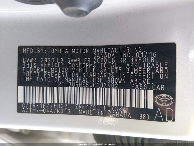 Aukcja sprzedaży 2016 Toyota Corolla S Plus, vin: 2T1BURHE5GC607402, numer aukcji: 44962703