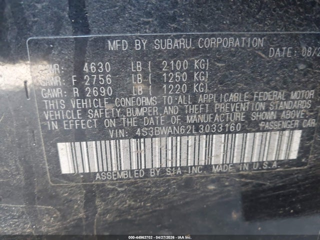 44962702 :رقم المزاد ، 4S3BWAN62L3033160 vin ، 2020 Subaru Legacy Limited مزاد بيع