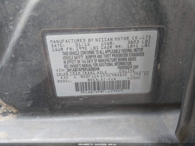 Продажа на аукционе авто 2015 Nissan Sentra Sv, vin: 3N1AB7AP8FL639549, номер лота: 44962710