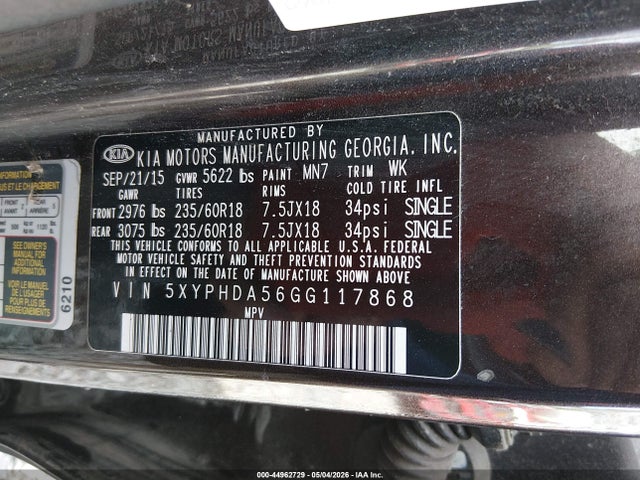 Aukcja sprzedaży 2016 Kia Sorento 3.3l Ex, vin: 5XYPHDA56GG117868, numer aukcji: 44962729