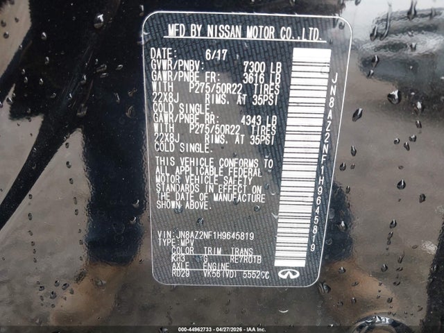 Aukcja sprzedaży 2017 Infiniti Qx80, vin: JN8AZ2NF1H9645819, numer aukcji: 44962733