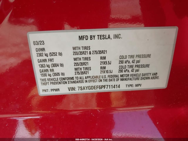 Продаж на аукціоні авто 2023 Tesla Model Y Performance Dual Motor All-wheel Drive, vin: 7SAYGDEF6PF711414, номер лоту: 44962734