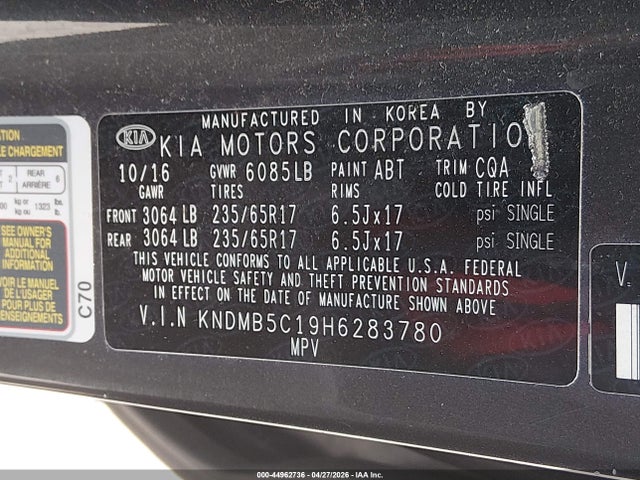 2017 Kia Sedona Lx მანქანა იყიდება აუქციონზე, vin: KNDMB5C19H6283780, აუქციონის ნომერი: 44962736