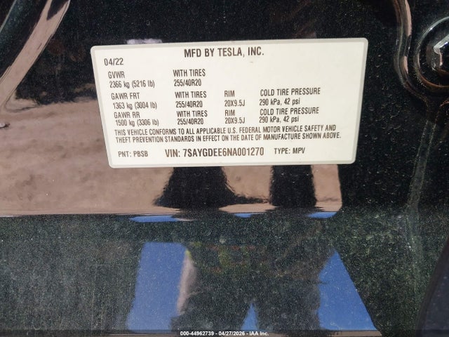 Aukcja sprzedaży 2022 Tesla Model Y Long Range Dual Motor All-wheel Drive, vin: 7SAYGDEE6NA001270, numer aukcji: 44962739