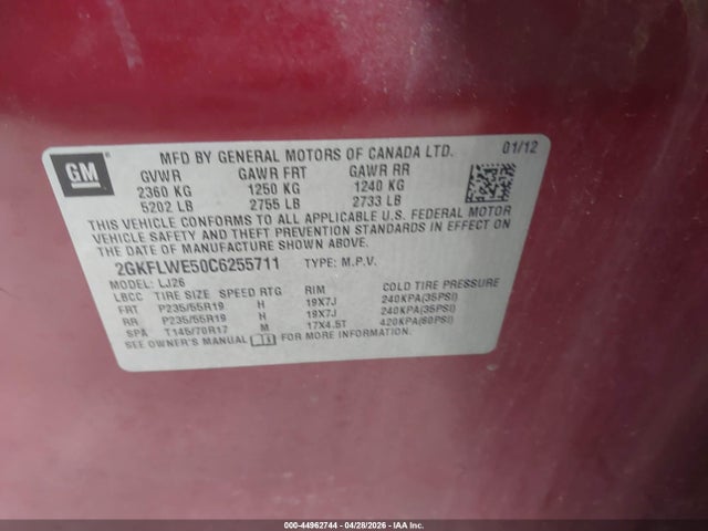 Aukcja sprzedaży 2012 Gmc Terrain Slt-2, vin: 2GKFLWE50C6255711, numer aukcji: 44962744