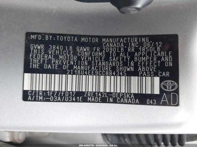 44962765 :رقم المزاد ، 2T1BU4EE9CC884345 vin ، 2012 Toyota Corolla S مزاد بيع