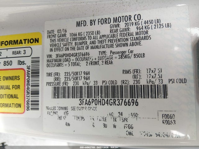 2016 Ford Fusion Se მანქანა იყიდება აუქციონზე, vin: 3FA6P0HD4GR376696, აუქციონის ნომერი: 44962769